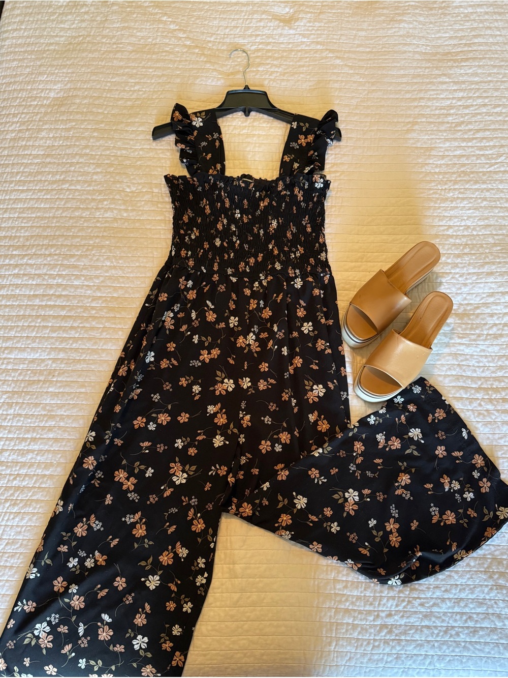 Inspired Hearts Black Floral Smocked Jumpsuit with Straps